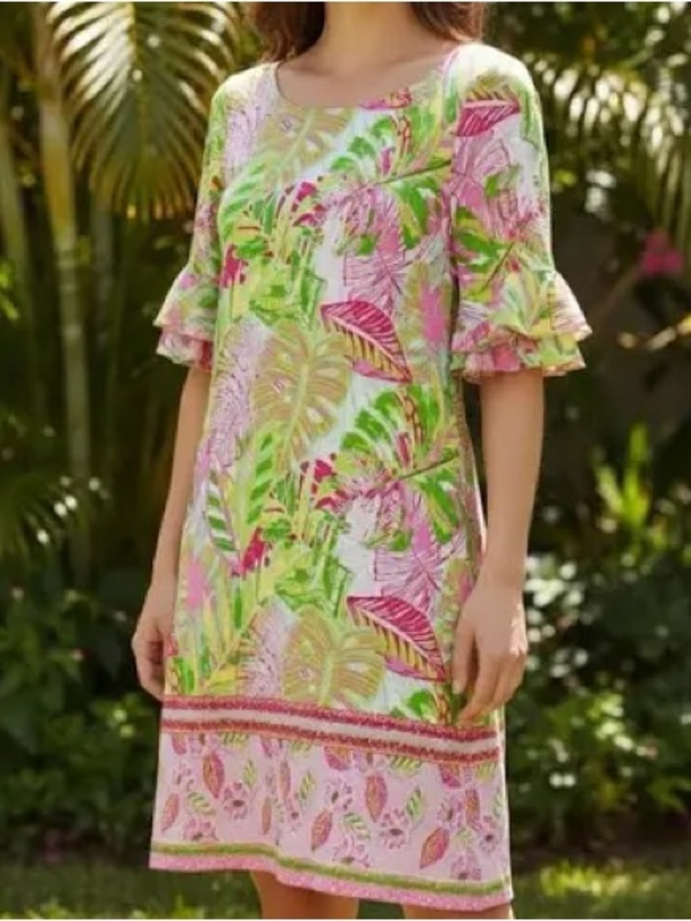 Pappagallo Tropical Palm Leaf Shift Dress Large Pink Green Ruffle Sleeve Resort